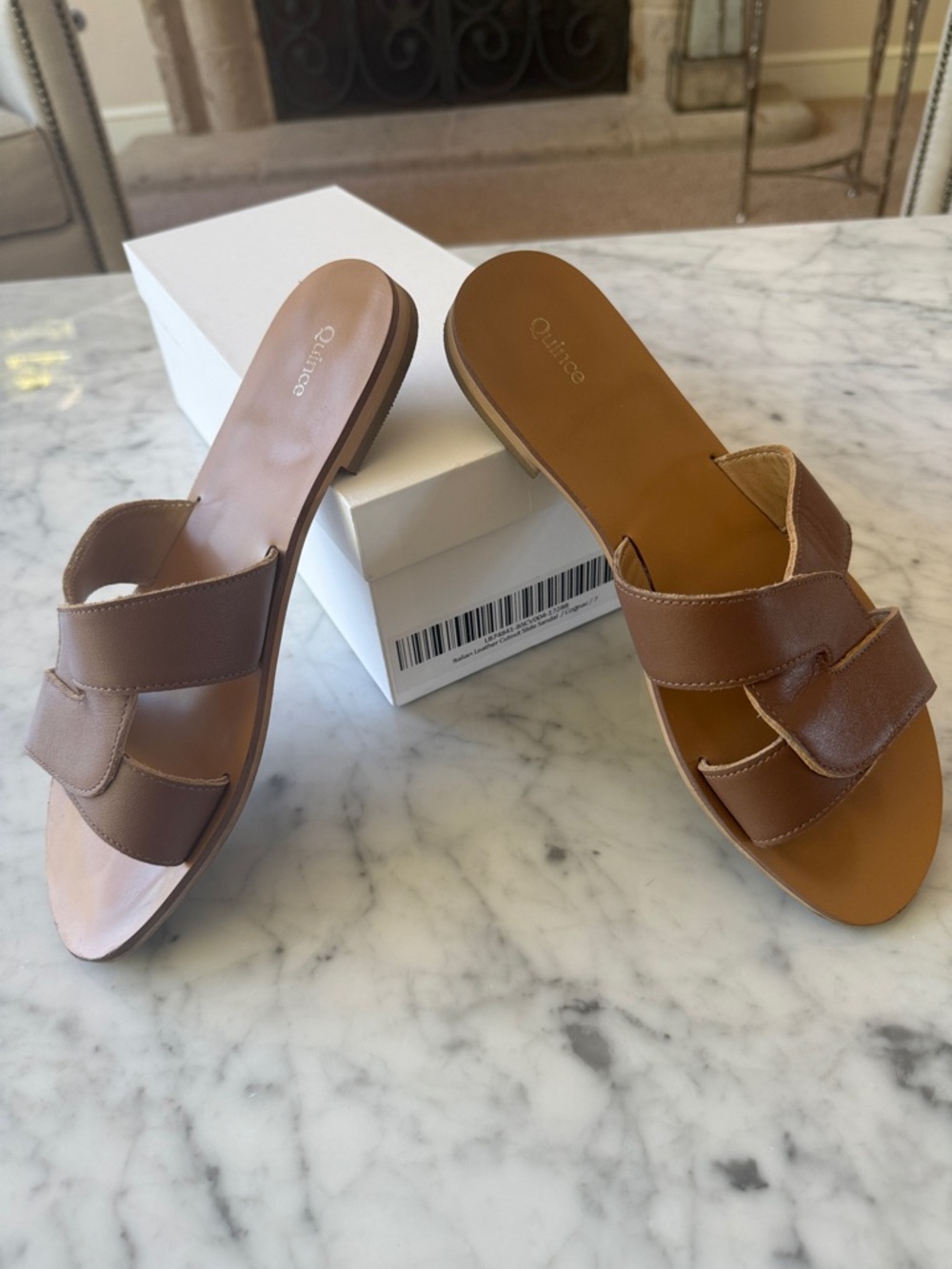 Quince Italian leather cutout slide sandal in  cognac size 7